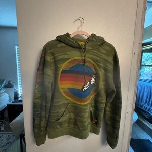 Aviator Nation Green Camo Crewneck with Retro Rainbow Graphic
